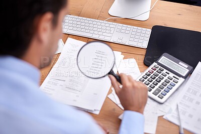 Buy stock photo Finance, businessman and magnifying glass in office with bookkeeper career, budget and bills planning. Entrepreneur, person and accounting with rear view for asset management, expenses and investment