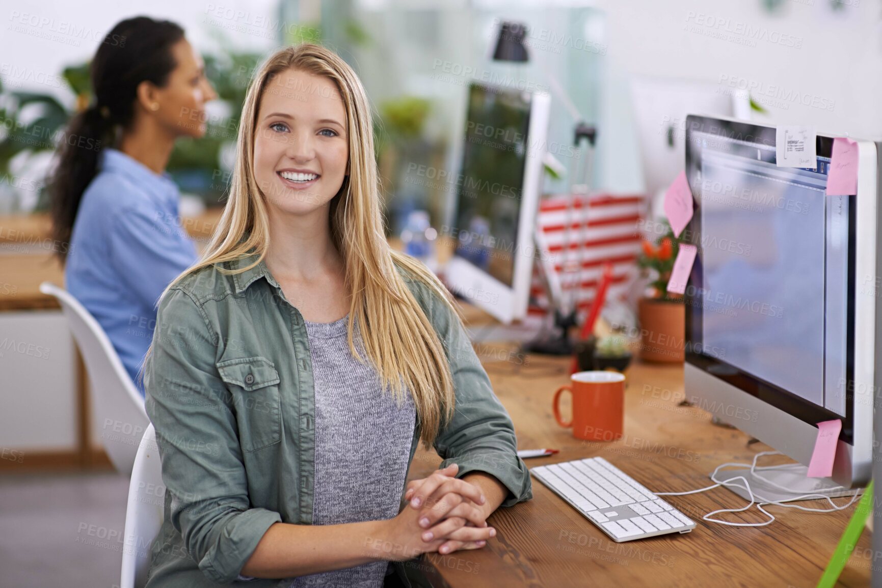 Buy stock photo Portrait, happy and business woman by computer in office, closeup and professional for connectivity by desk. Graphics designer, smile and face by desktop for digital editing and creative at workplace