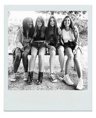 Buy stock photo Women, friends and happy portrait on bench as polaroid picture for bonding connection, summer or together. Female people, face and outdoor in environment for relaxing holiday, vacation or weekend