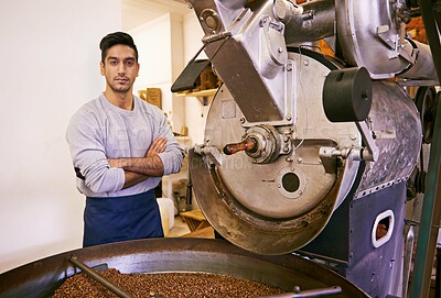 Buy stock photo Coffee, roasting and portrait of barista with confidence in small business, process or quality control. Entrepreneur, man and machine with beans at espresso cafe, sustainable startup and arms crossed