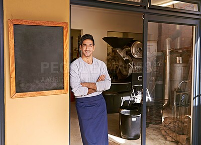 Buy stock photo Barista, coffee shop and man in portrait for small business, owner with arms crossed and smile for service. Entrepreneur, cafe and drink store with hospitality, professional and server in industry