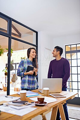 Buy stock photo Creative people, notebook and laptop with team in planning, discussion or meeting on project at office. Happy man and woman working with smile for paperwork, schedule or startup together at workplace