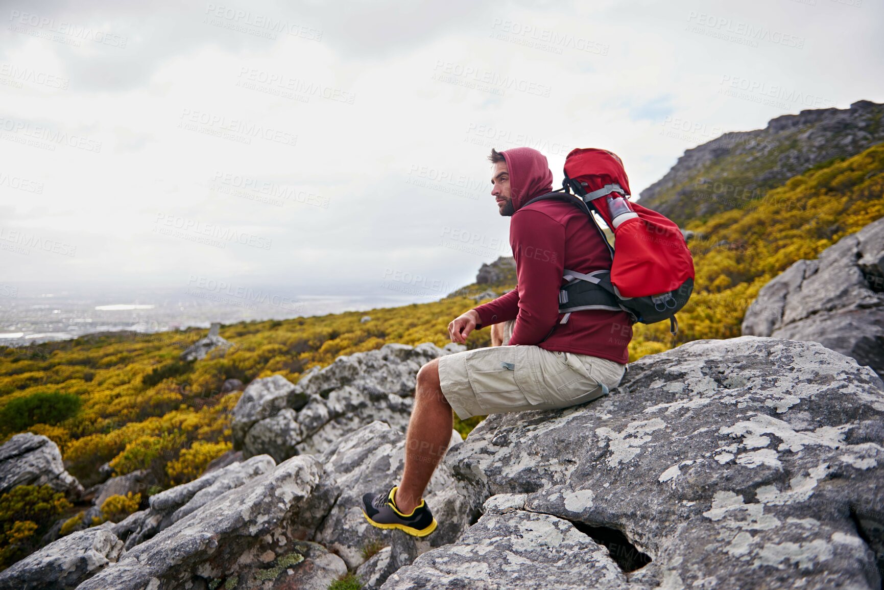 Buy stock photo Man, mountains and view with thinking outdoor, travel and hiking for fitness and fresh air with backpacking. Calm, peace and wellness in nature, trekking and adventure for exploring with mindfulness