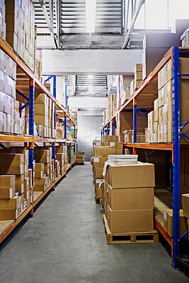 Buy stock photo Warehouse, shelf and boxes with storage, supply chain and import with export for products and shipping. Stock, package or inventory with cargo and manufacturing with industry, service or distribution