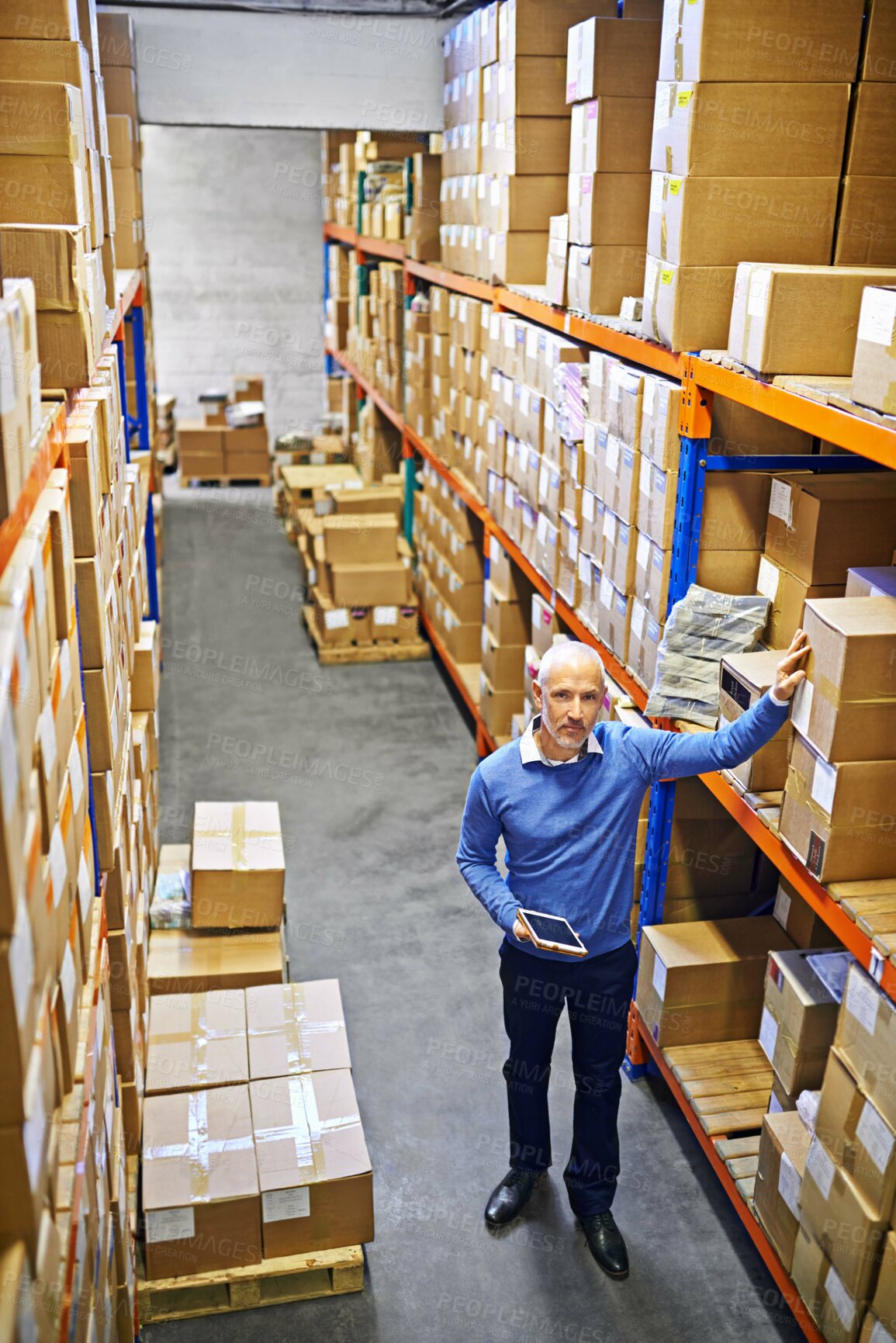 Buy stock photo Warehouse, boxes and inventory with distribution, storage and cardboard with shelves and manufacturing. Import, export and industry with package, courier or cargo with service, supply chain and stock