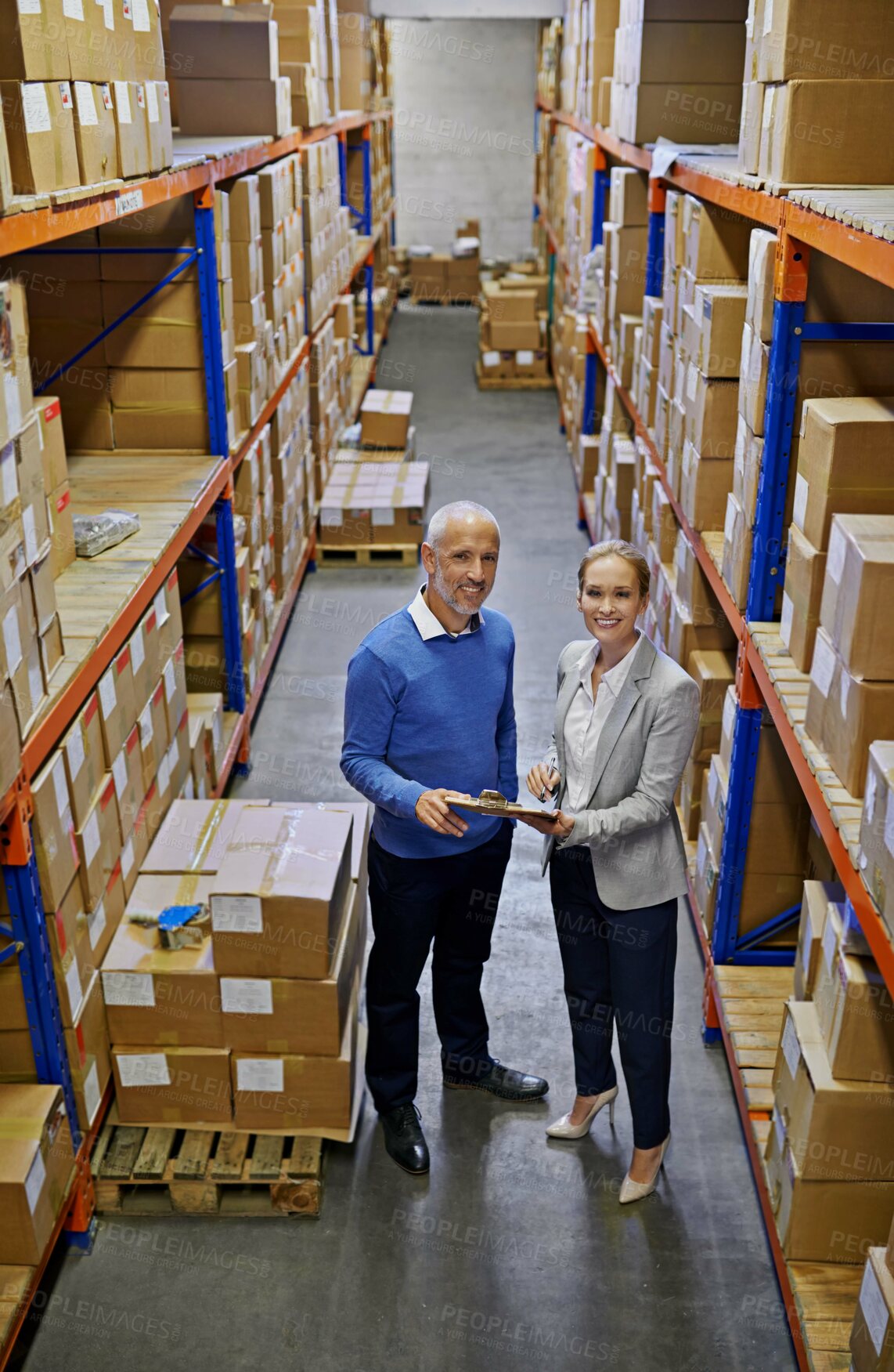 Buy stock photo Logistics, clipboard and business people at a warehouse with top view planning, teamwork or delivery checklist. Retail, online shopping and factory team with compliance documents for cargo storage