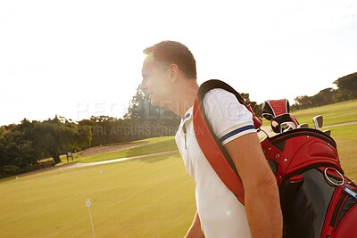 Buy stock photo Man, ready and golf course for professional sport and happy golfer for training with drivers on field. Athlete, sunshine and player with golfing equipment for game and outdoor for exercise in nature