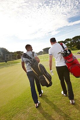 Buy stock photo Sports, golf and men on field walking for game, match and competition on golfing course. Recreation, hobby and athlete friends with club driver on grass for training, fitness and practice outdoors