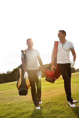 Buy stock photo Sports, golf and friends on field walking for game, match and competition on golfing course. Recreation, hobby and athlete men with club driver on grass for training, fitness and practice outdoors
