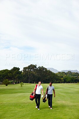 Buy stock photo Sports, golf and friends on field for game, match and competition on golfing course. Recreation, hobby and men walking with club driver on grass for training, fitness and practice outdoors for fun