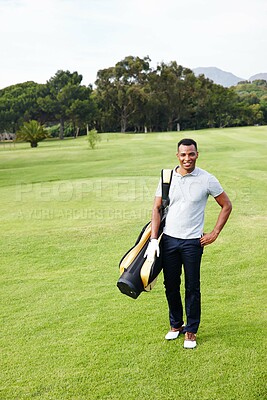 Buy stock photo Golf, bag and portrait of man on course with confidence, smile and professional career as player. Sports, nature and athlete on green for tee off, game or competition with grass, club or happy caddy.