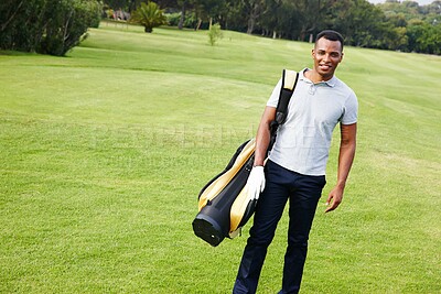 Buy stock photo Sports, man and portrait on golf course with athlete outdoor on luxury holiday or vacation at club. Grass, field and exercise in summer on lawn with person in countryside for training or workout