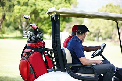 Buy stock photo Men, golf cart and driving on lawn for workout with sunshine, sportswear and exercise. Male golfers, sport and transportation outside for entertainment with green nature, health and training together