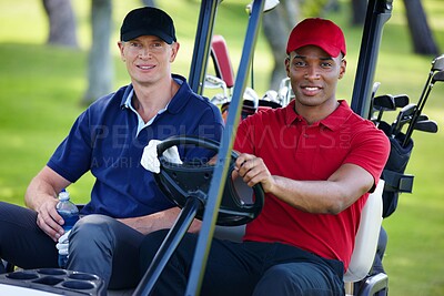 Buy stock photo Men, smile and drive cart on golf course for transportation, relaxation or conversation between holes. People, happy and together outdoors for health, fitness and exercise communicate on ride