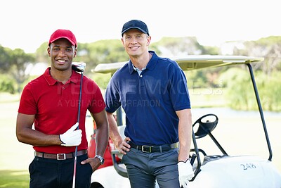 Buy stock photo Portrait, men and club on golf course with transport for training, happiness and collaboration. Male people, sports equipment and cart for activity with sportswear, teamwork and health outdoor