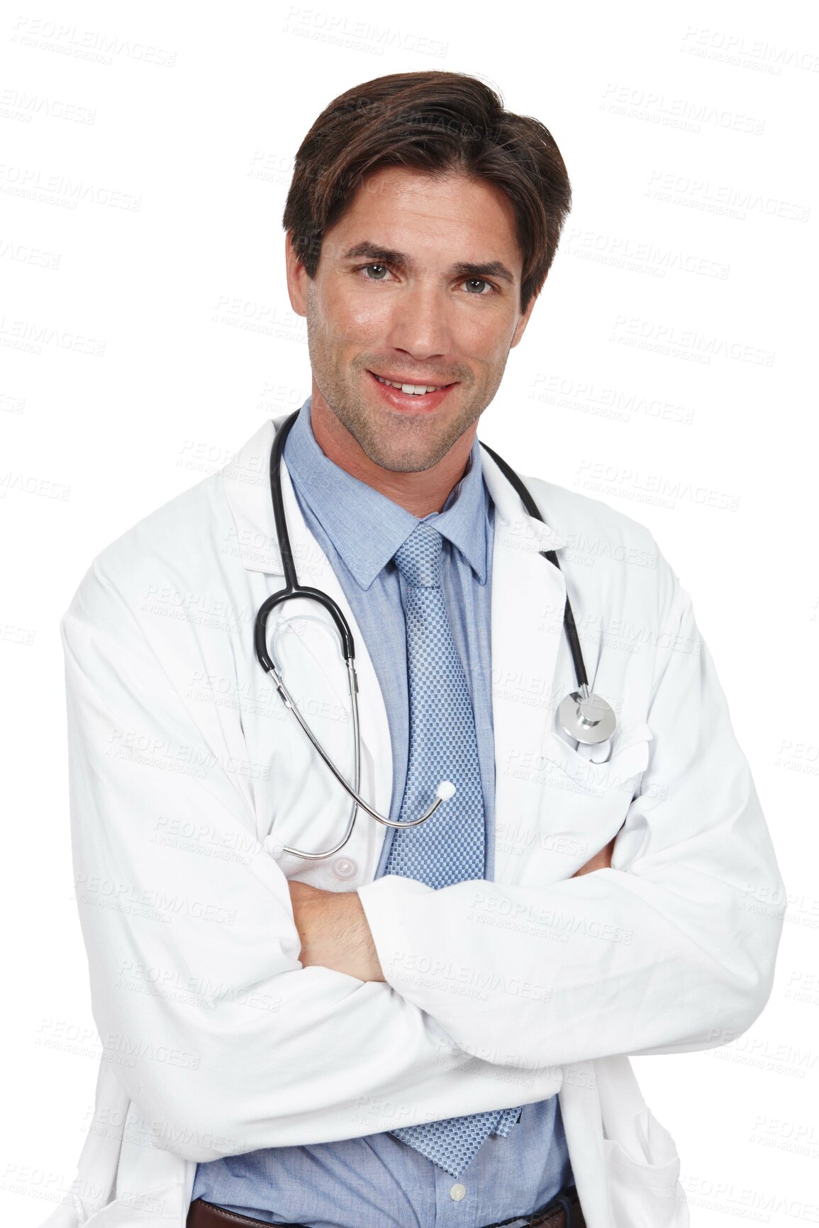 Buy stock photo Portrait, medical doctor and happy with confidence for profession, diagnosis and treatment in white background. Male person, medic and stethoscope for healthcare, wellness and medicine in backdrop