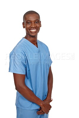 Buy stock photo Portrait, African man and nurse in studio, smile and white background for medical, diagnosis and treatment. Male person, happy and medic, confident and healthcare for medicine or hospital in backdrop