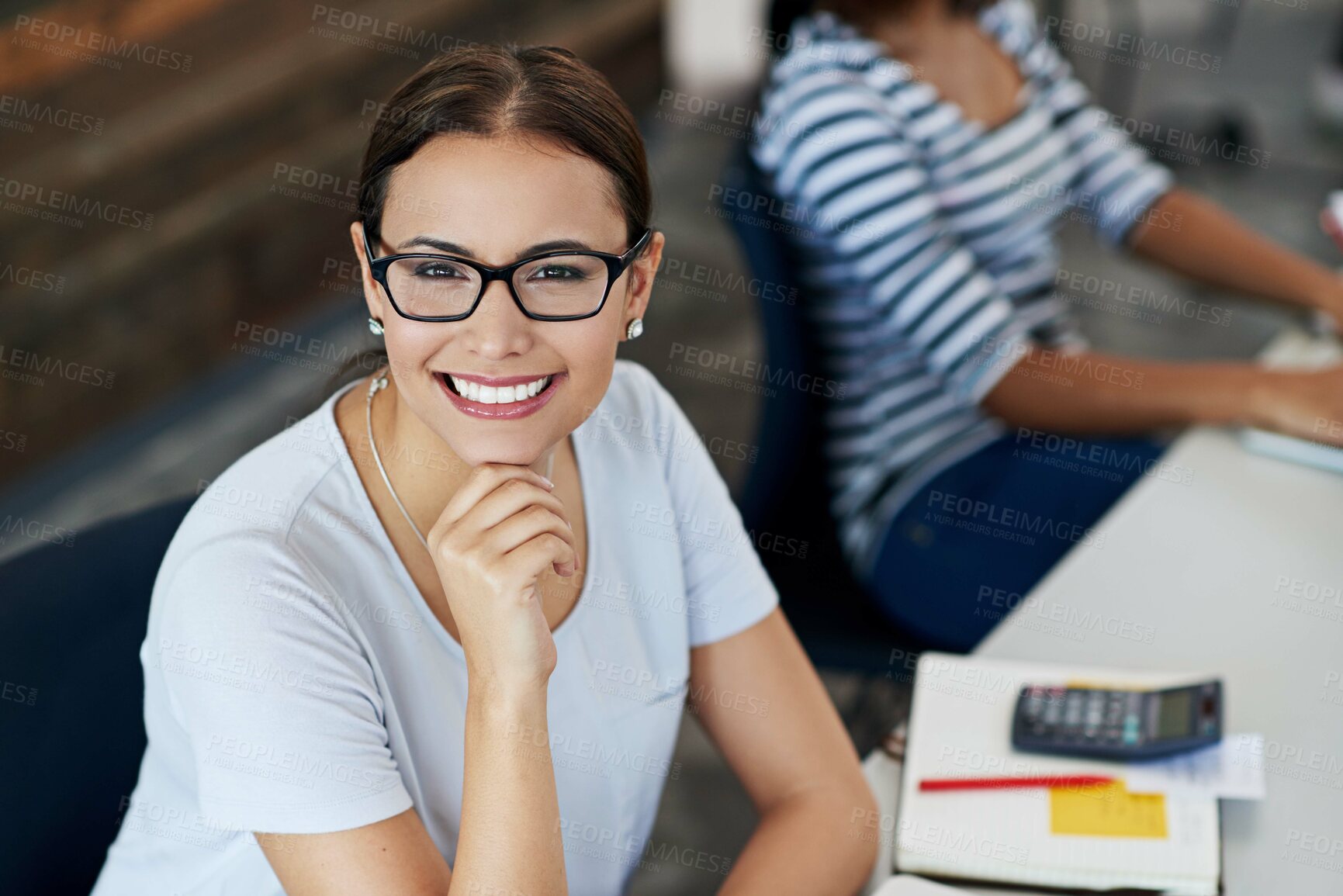 Buy stock photo Finance, portrait and smile with accountant woman in boardroom of office for planning or wealth management. Audit, calculator and meeting with happy employee in workplace for growth or investment
