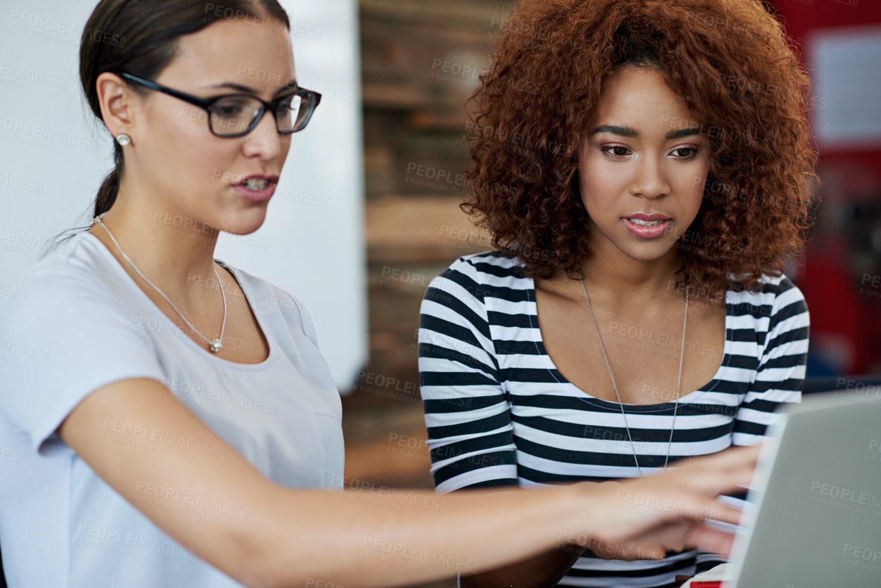 Buy stock photo Women, laptop and collaboration in office with discussion for communication, project review and explain. Female worker, manager and tech for online research with conversation, software check and help