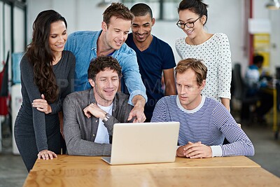 Buy stock photo People, office and team with laptop, smile and collaboration in company with happy. Web design, website and teamwork for growth with creative employees bonding in business with technology at table