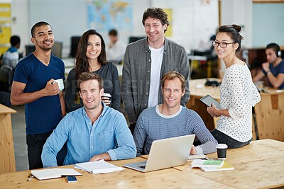 Buy stock photo Business people, teamwork and meeting with smile, laptop documents for collaboration on startup. Happy, group of employee and team with computer for company portrait or magazine agency in office