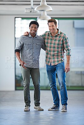 Buy stock photo Portrait, hug and business men in office with support for collaboration, partnership or solidarity. Event planning, happiness and employees with embrace in workspace for conversation, trust or unity