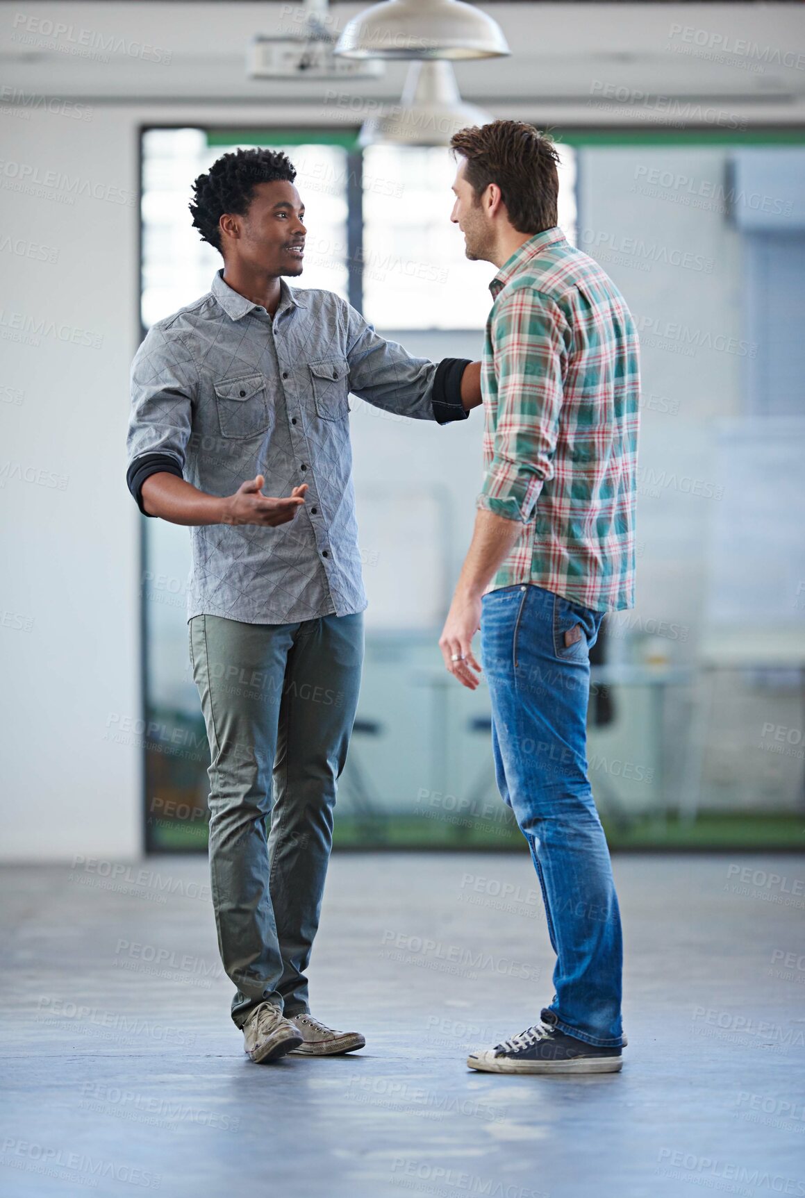Buy stock photo Team, talking and business men in office with support for collaboration, partnership or advice. Event planning, discussion and employees with solidarity in workspace for conversation, trust or unity
