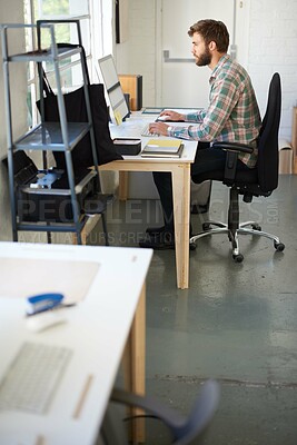 Buy stock photo Computer typing, internet and businessman in agency for research, startup and plan website layout. Web designer, pc and search analytics with wireframe development, online software and seo project