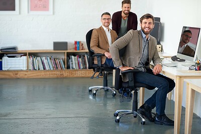 Buy stock photo Group, people and startup workplace for creative business, happiness for design in portrait. Men, collaboration or office with entrepreneur for website development, technology for job with online app