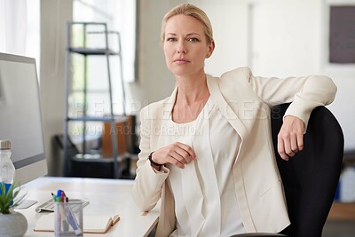 Buy stock photo Employee, woman and confident on portrait in office with pride for career and job growth as hr. Workplace, female person and serious or satisfied with startup company, business and opportunity