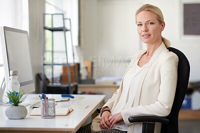 Buy stock photo Employee, woman and happy on portrait in office with pride for career and job growth as human resources. Workplace, female person and smile or satisfied with startup company, business and opportunity