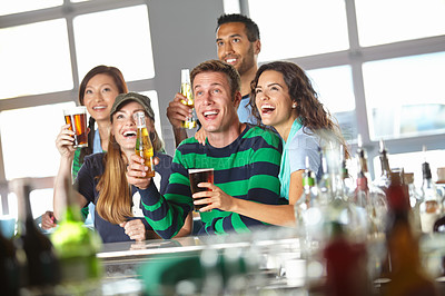 Buy stock photo Beer, sports and friends in pub with winning game, goal and celebration for support together. Excited, cheering and group of people with alcohol, drink and broadcast television for team match in bar