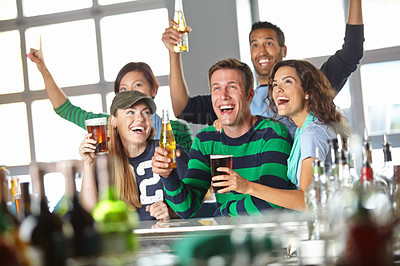 Buy stock photo Pub, friends and sports match celebration for football goal, team success and live entertainment. Passion, excited fans and watching game with cheering, beer beverage and support for tournament event