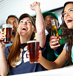 Beer, sports fans and football match celebration in pub for goal score, team win and live entertainment. Excited people, happy hour and watching game with cheering, passion and support for tournament