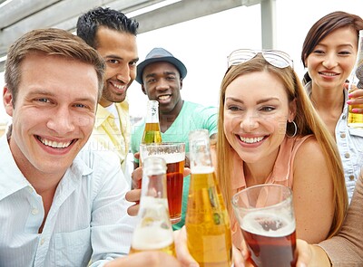 Buy stock photo Beer, laughing or friends in party for celebration, break or social gathering at outdoor pub. Holiday vacation, happy or group of people drinking beverage in bar for alcohol or bonding with smile