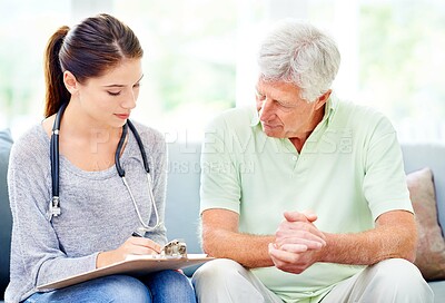 Buy stock photo Results, consultation and senior man with doctor in home to check health with advice for hypertension. Healthy, patient and caregiver in elderly care with info, support or notes on blood pressure