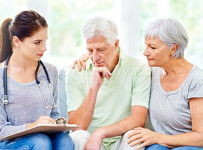 Buy stock photo Senior, couple and doctor with results for man in consultation with advice and support. Sad, patient and therapist in elderly care with news, info or medical notes on hypertension or blood pressure