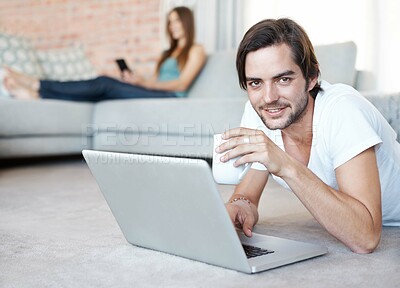 Buy stock photo Man, relax and streaming on laptop in portrait with coffee, espresso or watch video online in home. Drink, tea and person on computer reading news, info or ebook on website on holiday or vacation