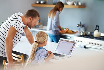 Buy stock photo Dad, girl or kid on laptop for online class, remote education or e learning for social media skills. Home school, support or child student typing on ecommerce screen on teaching platform with father