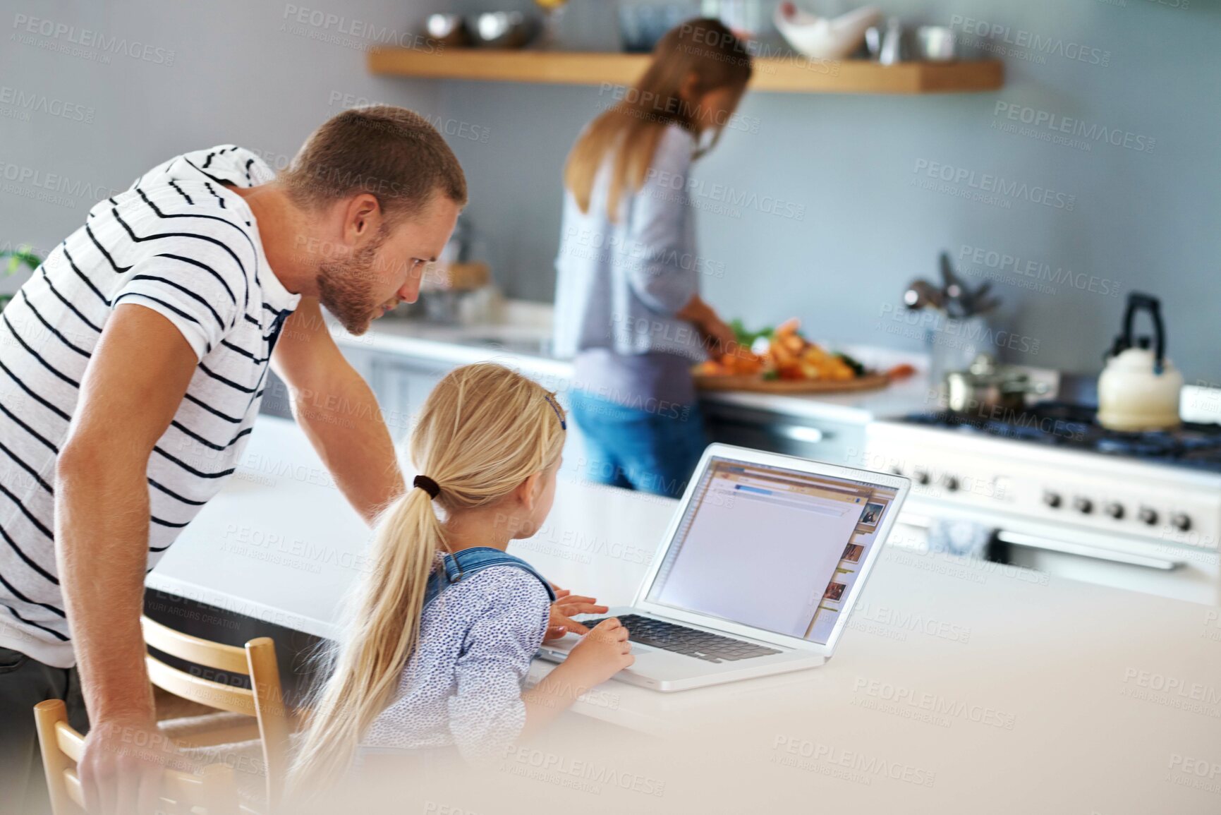 Buy stock photo Dad, girl or kid on laptop for online class, remote education or e learning for social media skills. Home school, support or child student typing on ecommerce screen on teaching platform with father