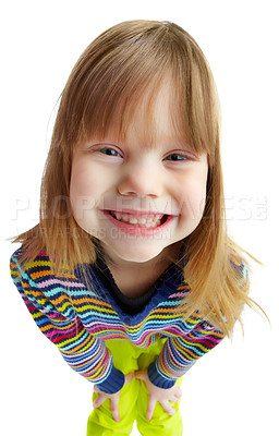 Buy stock photo Portrait, girl and kid with smile, fashion and stylish outfit isolated on white studio background. Face, model and childhood with trendy clothes, cheerful and happiness with pride and playful