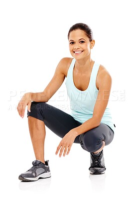 Buy stock photo Happy woman, portrait and fitness with sports fashion for workout, exercise or training on a white studio background. Active female person, young model or isolated with smile for health and wellness