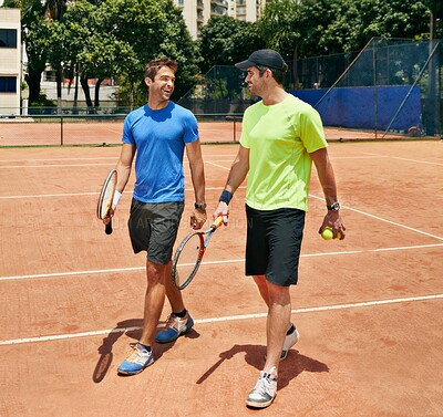 Buy stock photo Sports, tennis and men with game, training and teamwork for competition, rackets and conversation. People, players and friends with sunshine, fitness and partnership with hobby, workout and challenge