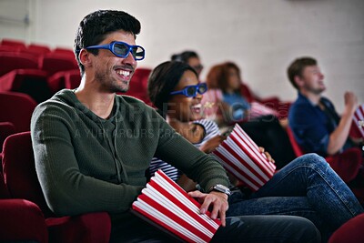 Buy stock photo 3d, movie and couple in cinema on date with popcorn to relax and watch in theatre with happiness. Film, experience and people in audience with glasses enjoy funny comedy and eating snack or food