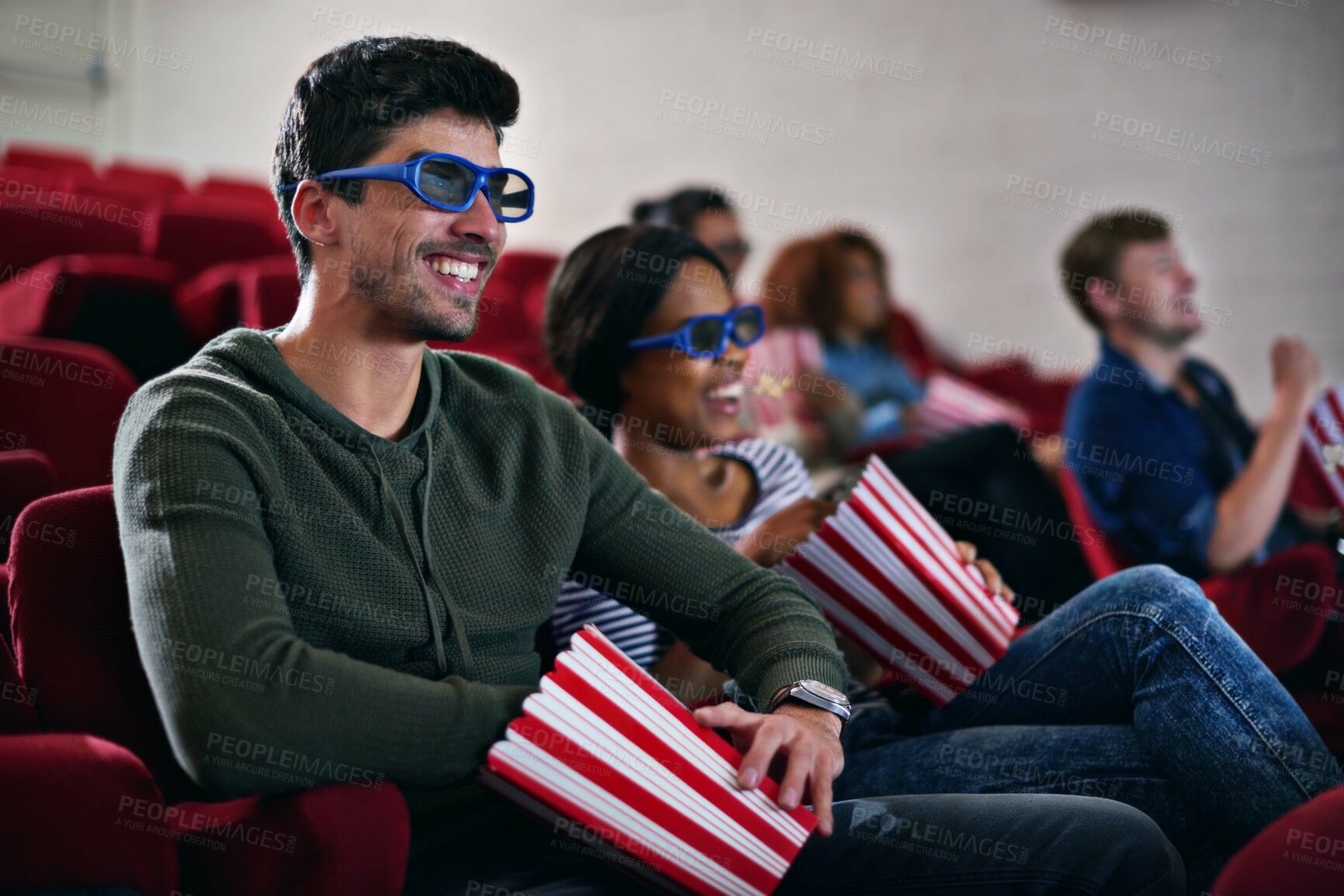 Buy stock photo 3d, movie and couple in cinema on date with popcorn to relax and watch in theatre with happiness. Film, experience and people in audience with glasses enjoy funny comedy and eating snack or food