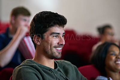 Buy stock photo Happy, man and relax in cinema with movie screening to watch in theatre on holiday or vacation. Film, experience and people in audience enjoy funny comedy, drama production and crowd in auditorium