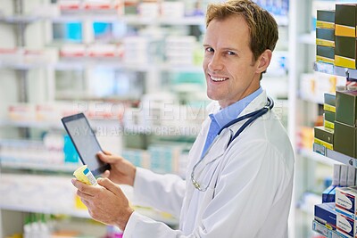 Buy stock photo Pharmacist, tablet and pills in stock, portrait for medicine in drugstore, chemist or services. Medical professional, male doctor and pharma in clinic for prescription, dispensary for info or advice