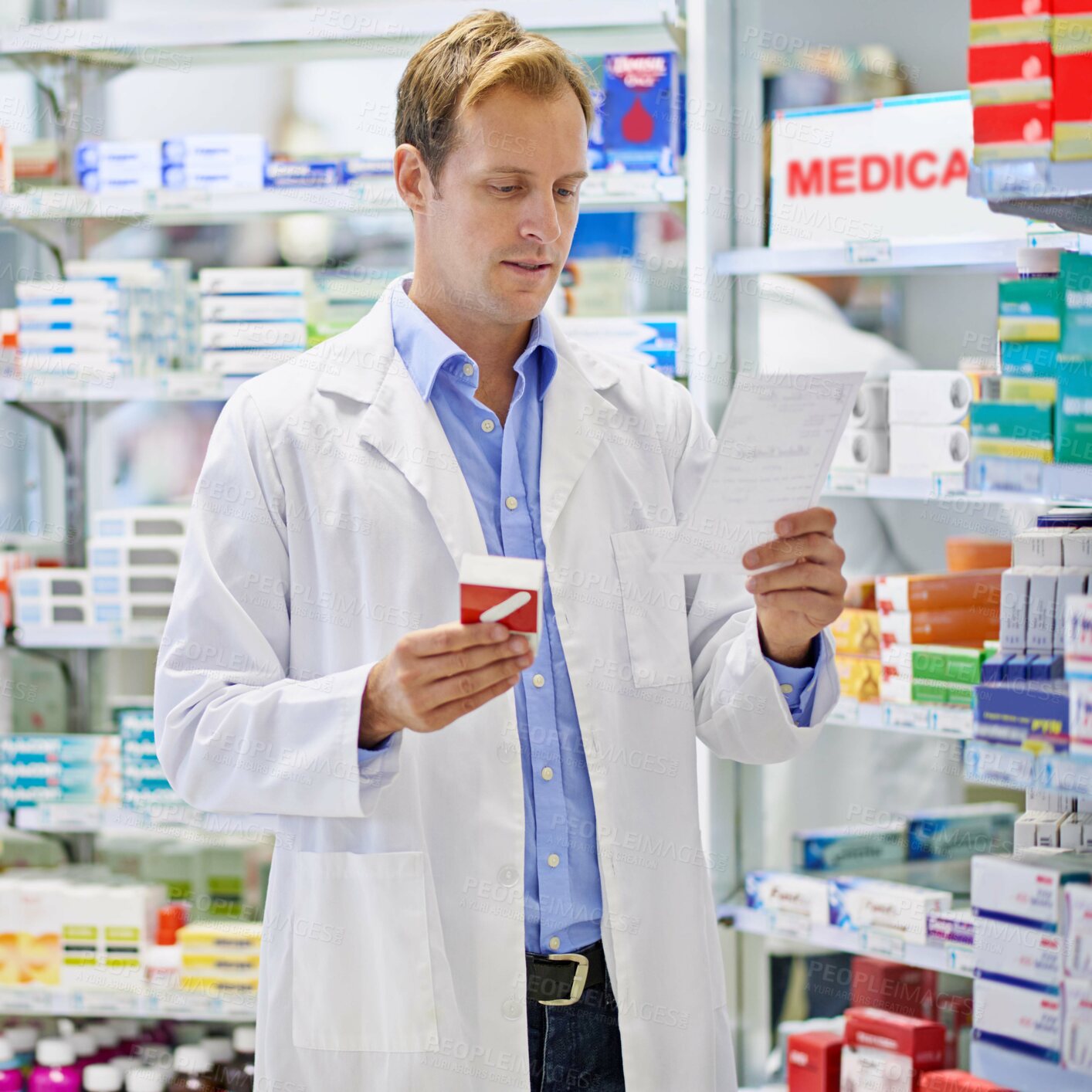 Buy stock photo Pharmacy, man and reading prescription for medicine inventory, management or drugs in wellness store. Paper, box or pharmacist with notes for medication stock, product or health services for trust