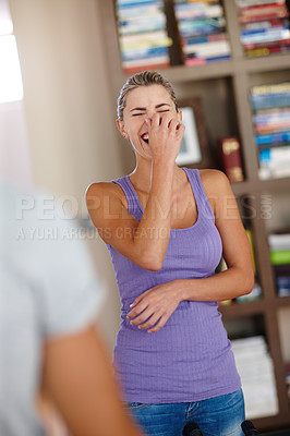 Buy stock photo Comic, good news and funny with couple in house for laughing, real estate purchase and milestone. Growth, achievement and success with man and woman at home for goals, bonus promotion and joke