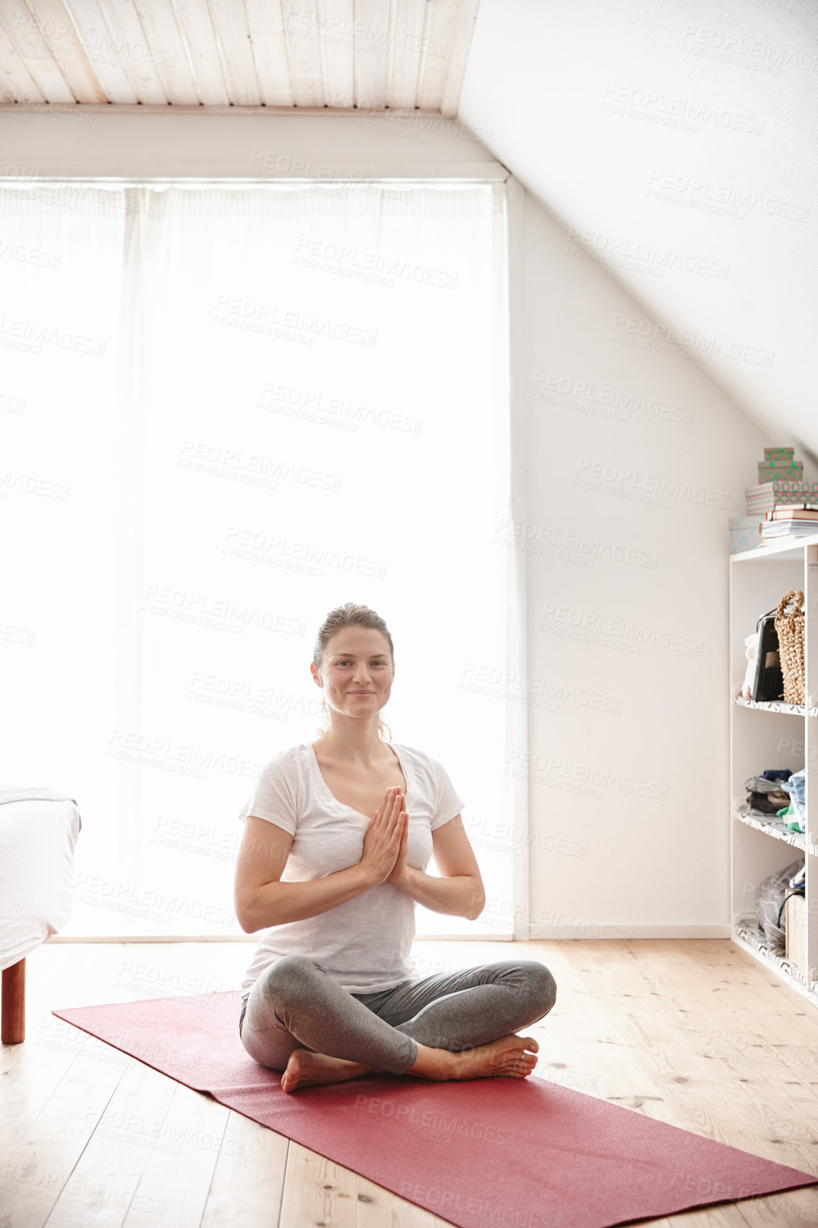 Buy stock photo Yoga, portrait and woman in home for meditation, zen and mindfulness practice in living room. Spiritual, wellness and female person with morning peace, balance and breathing exercise in apartment.